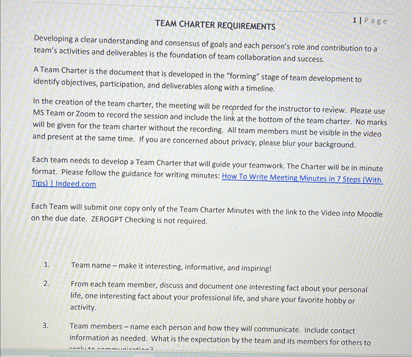  TEAM CHARTER REQUIREMENTS 1|| Page Developing a clear understanding and consensus