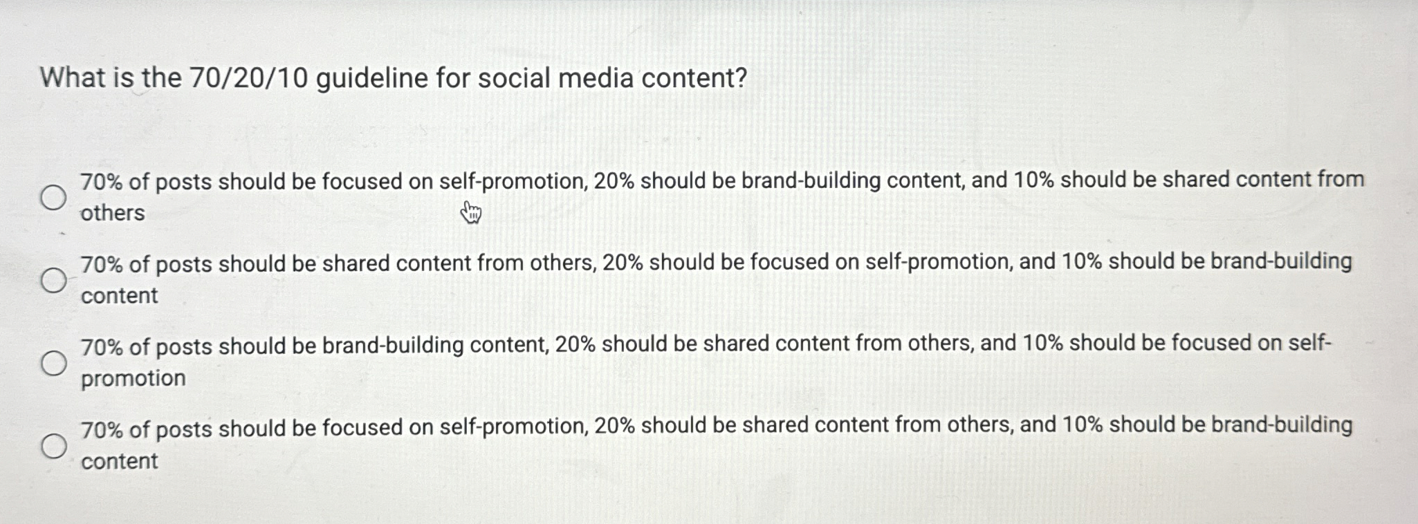  What is the 70/20/10 guideline for social media content? 70% of