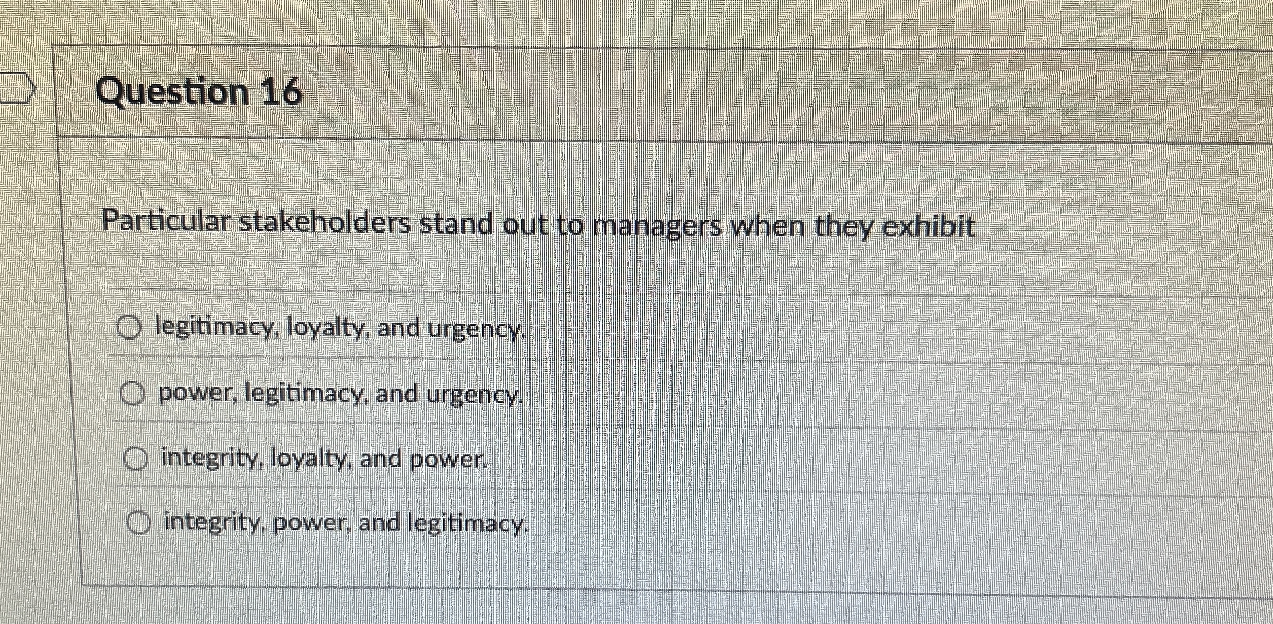 Question 16 Particular stakeholders stand out to managers when they exhibit