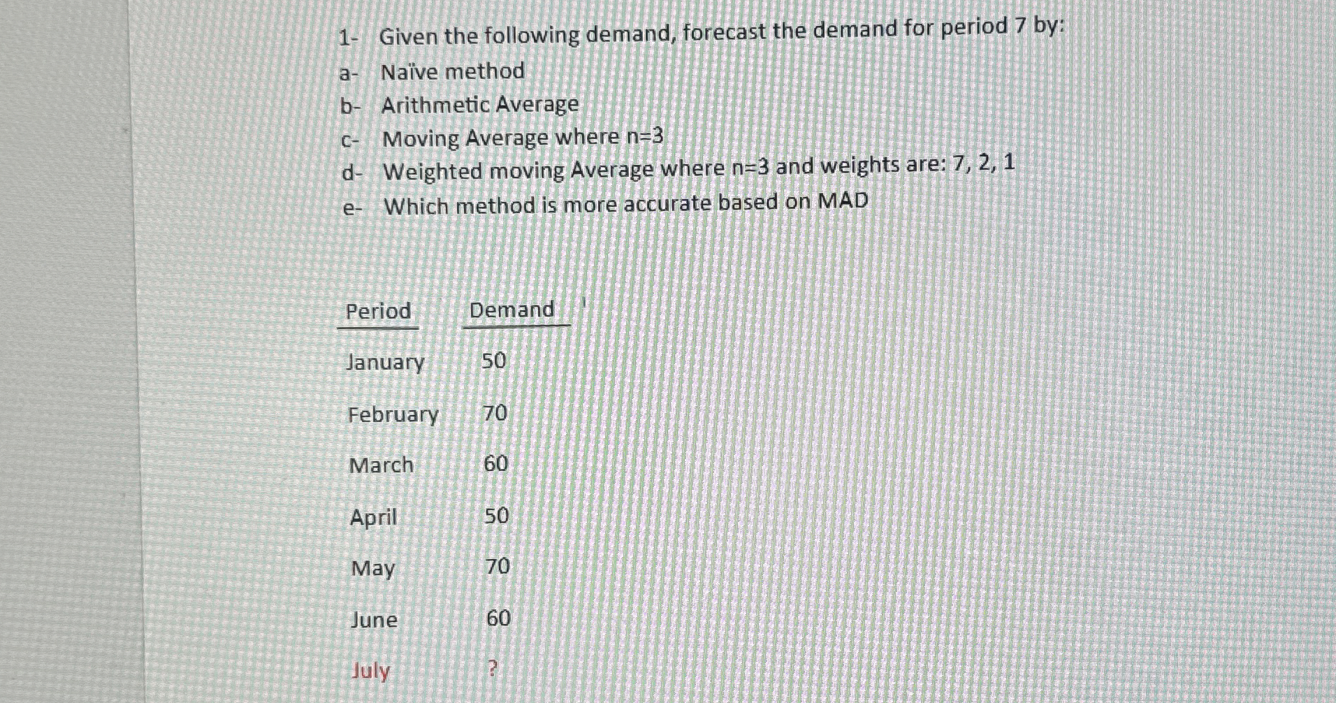 1- Given the following demand, forecast the demand for period 7