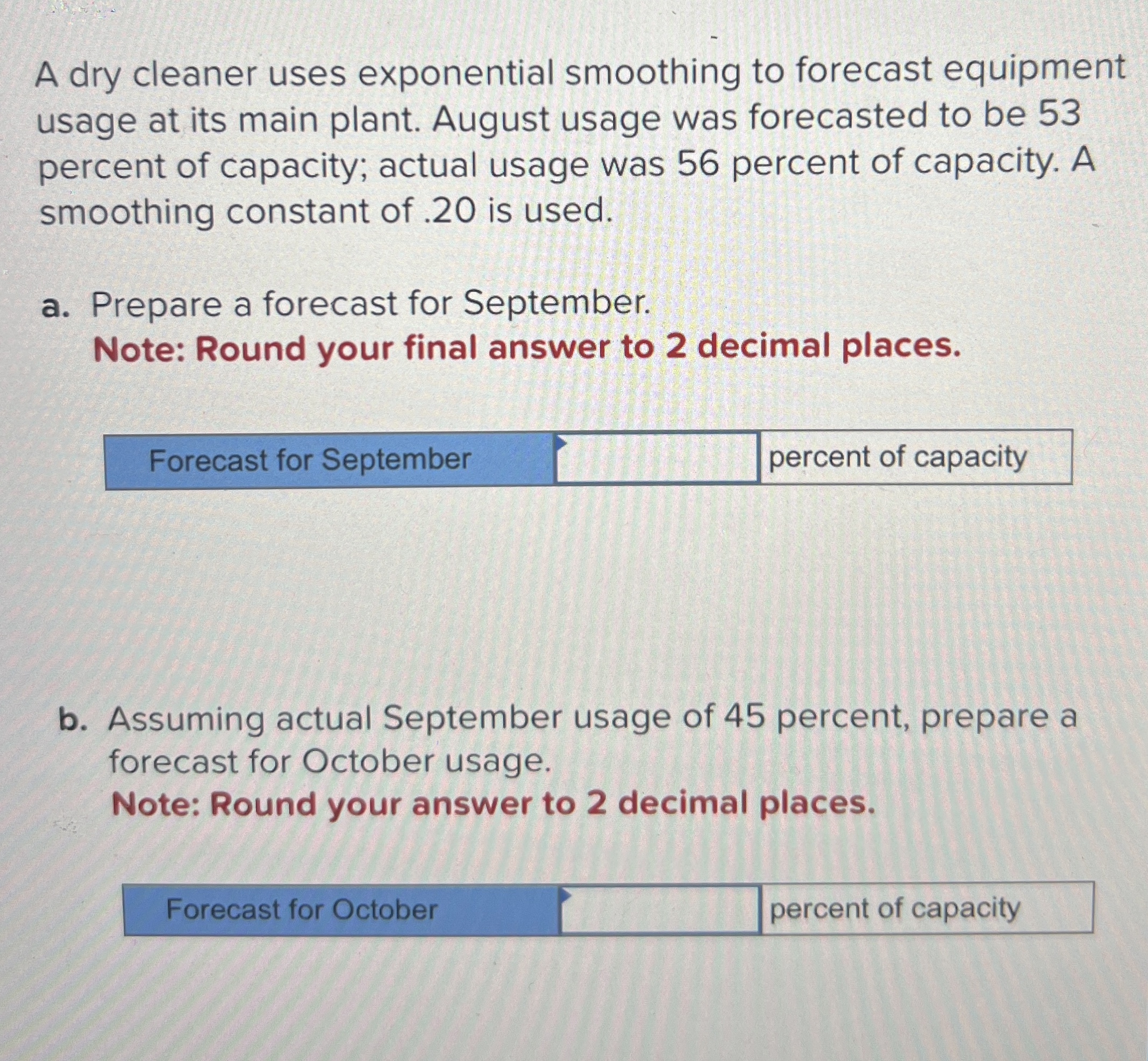  A dry cleaner uses exponential smoothing to forecast equipment usage at