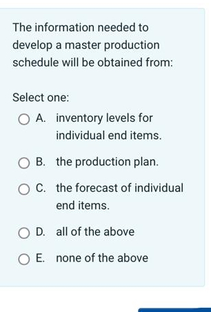  The information needed to develop a master production schedule will be