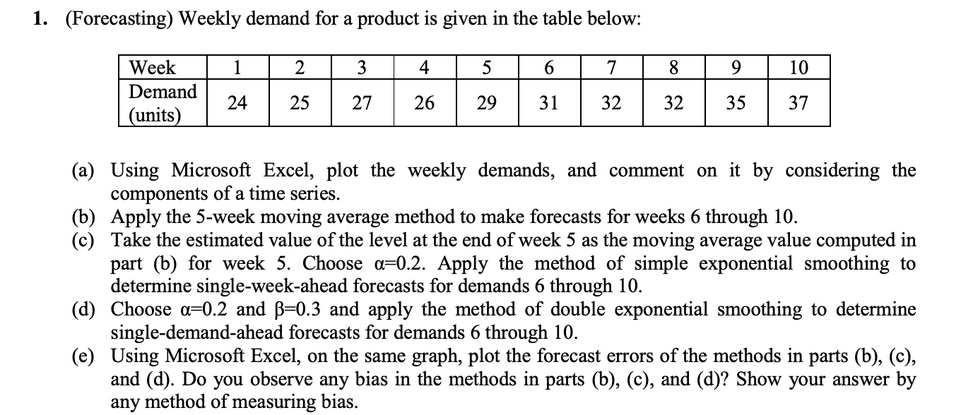  1.(Forecasting) Weekly demand for a product is given in the table