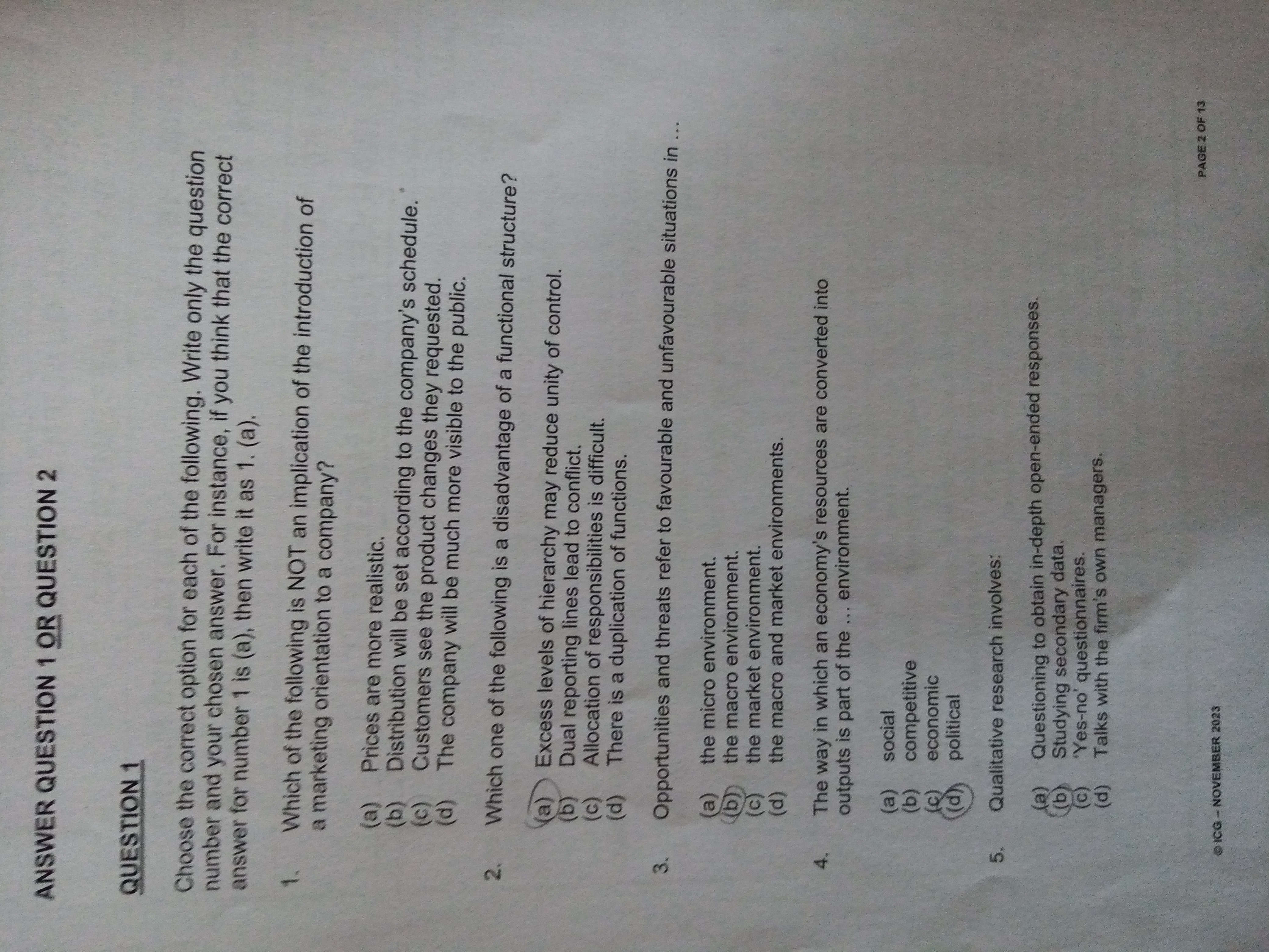  ANSWER QUESTION 1 OR QUESTION 2 QUESTION 1 Choose the correct