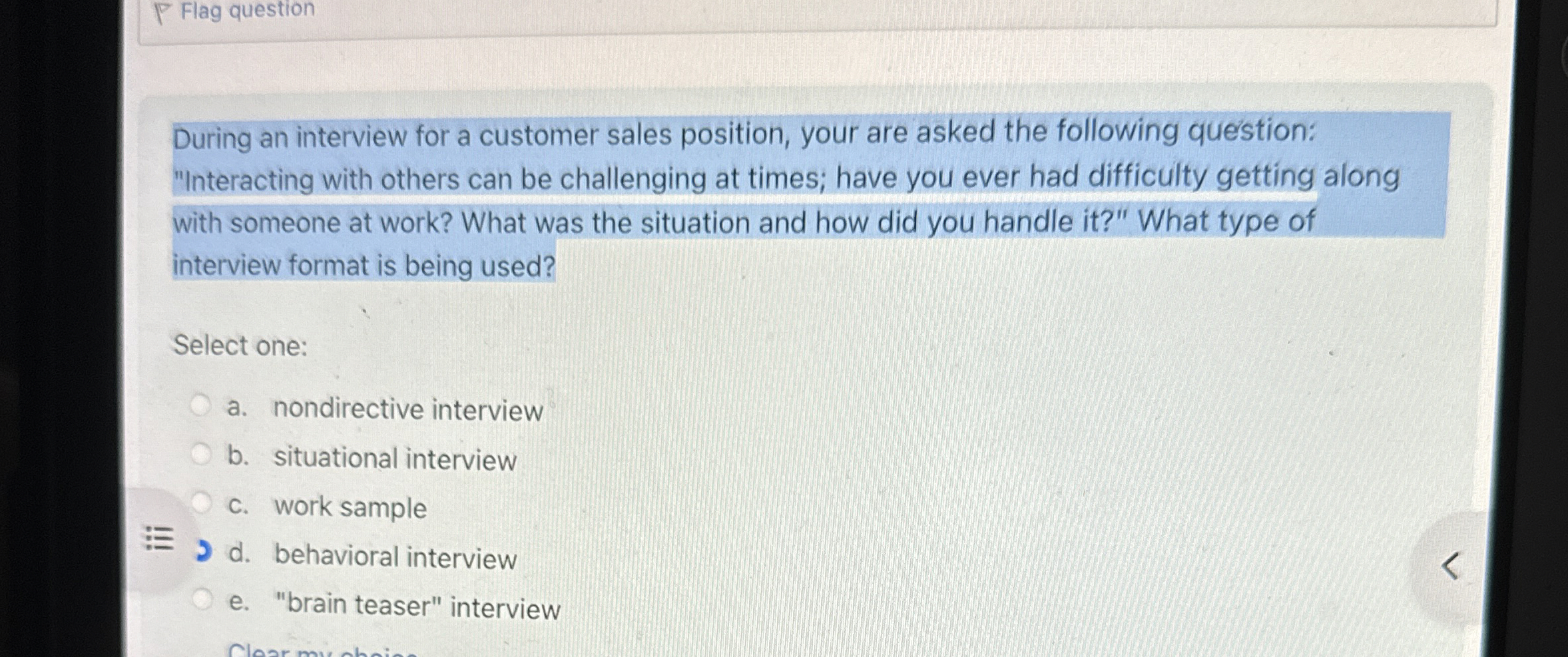  P Flag question During an interview for a customer sales position,