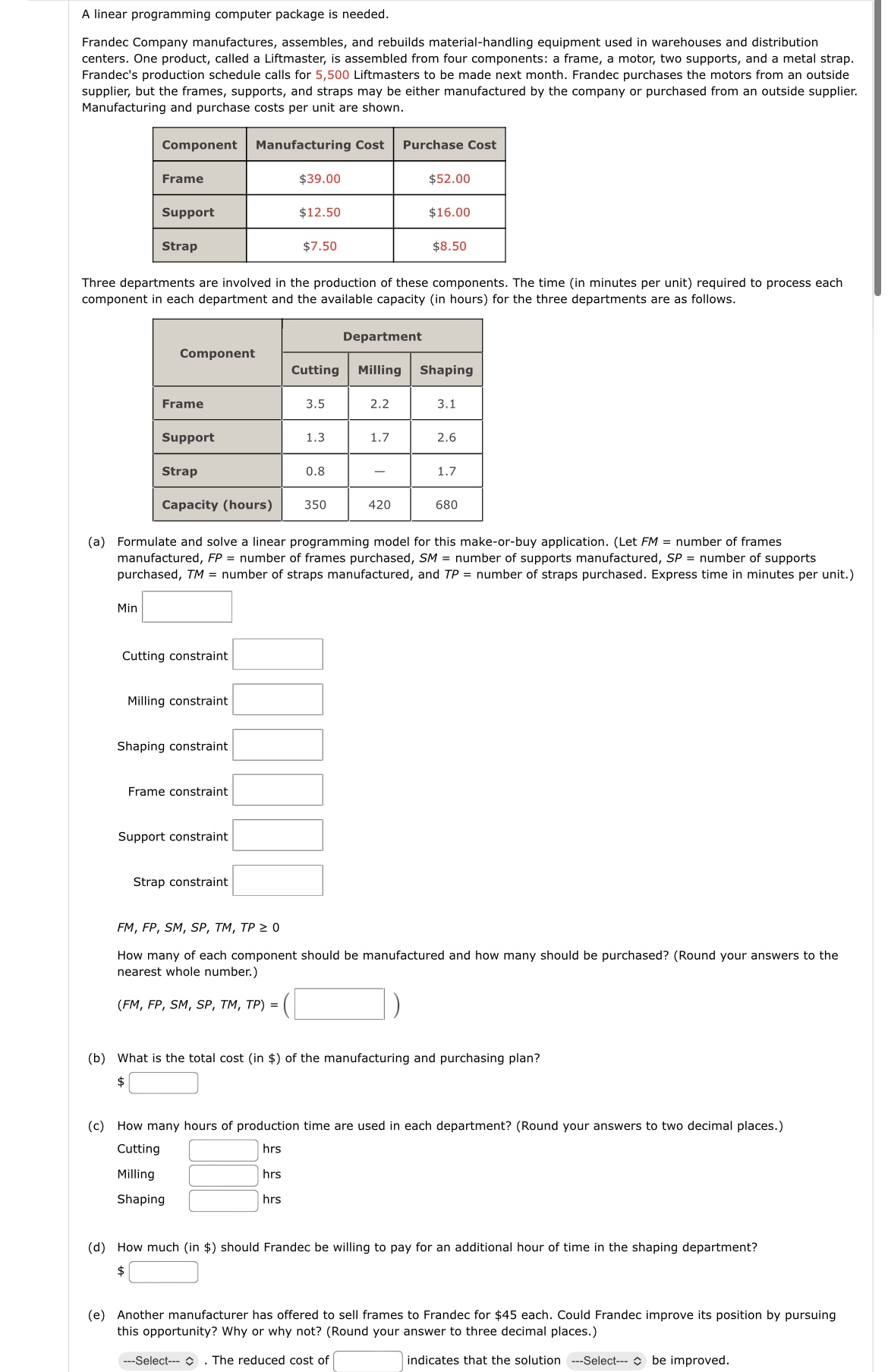  A linear programming computer package is needed. Frandec Company manufactures, assembles,