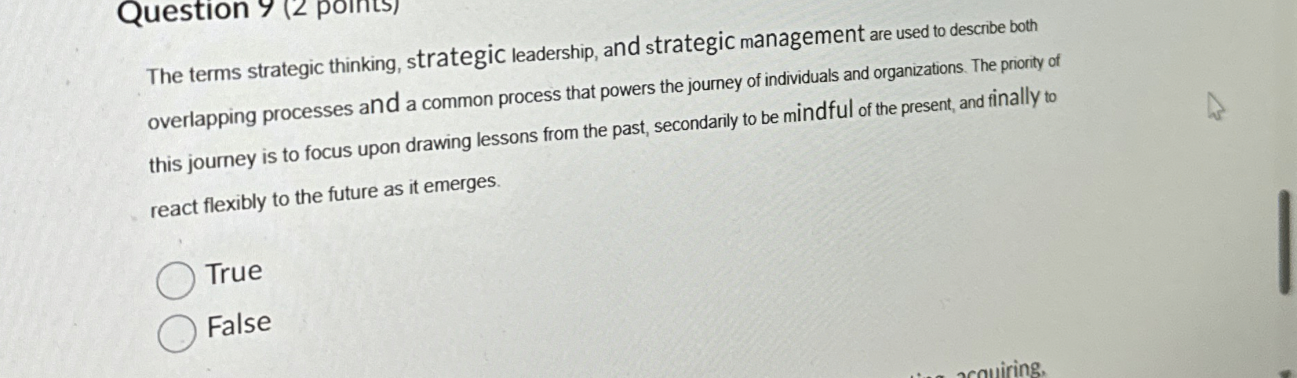  Question 9(2 points) The terms strategic thinking, strategic leadership, and strategic