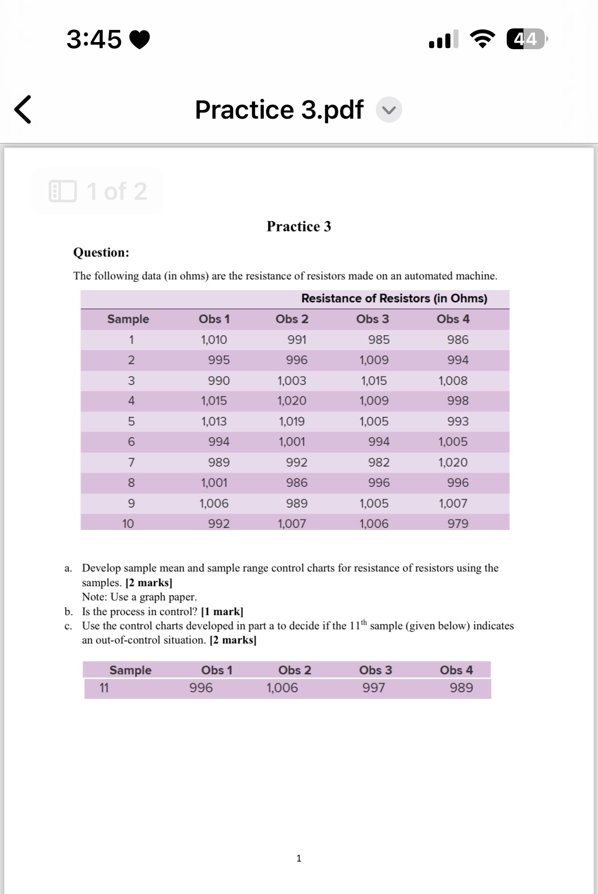  3:45 Practice 3.pdf Practice 3 Question: The following data (in ohms)