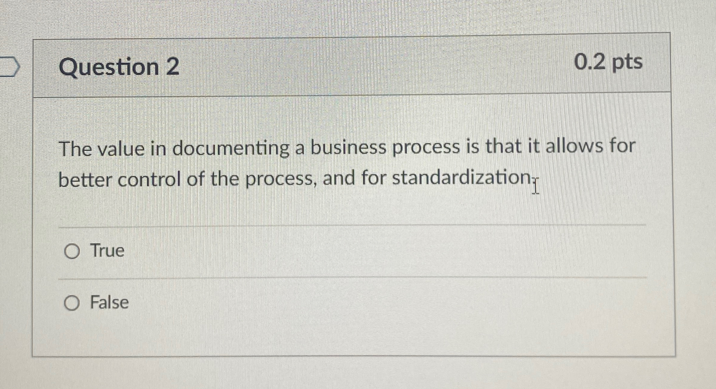  Question 2 0.2pts The value in documenting a business process is