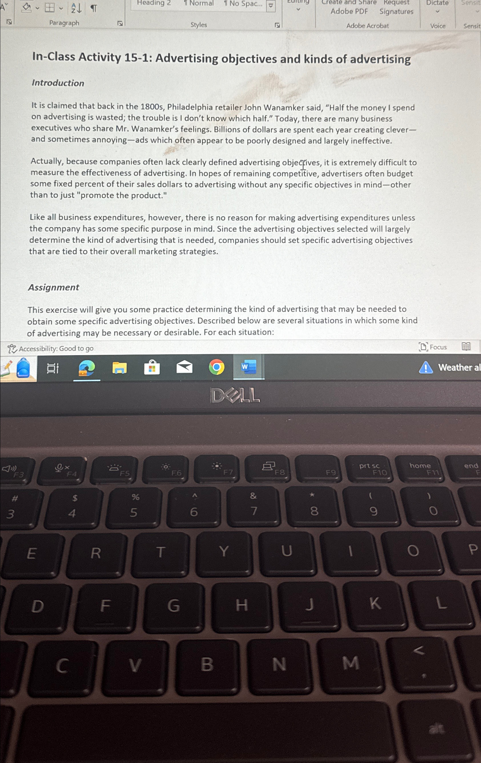  In-Class Activity 15-1: Advertising objectives and kinds of advertising Introduction It