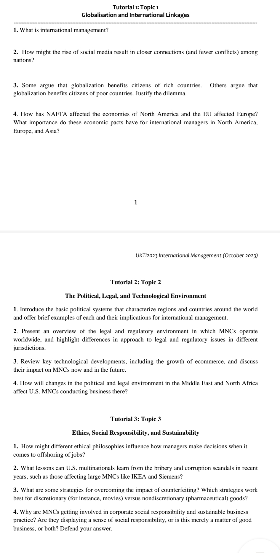  Tutorial 1: Topic 1 Globalisation and International Linkages What is international
