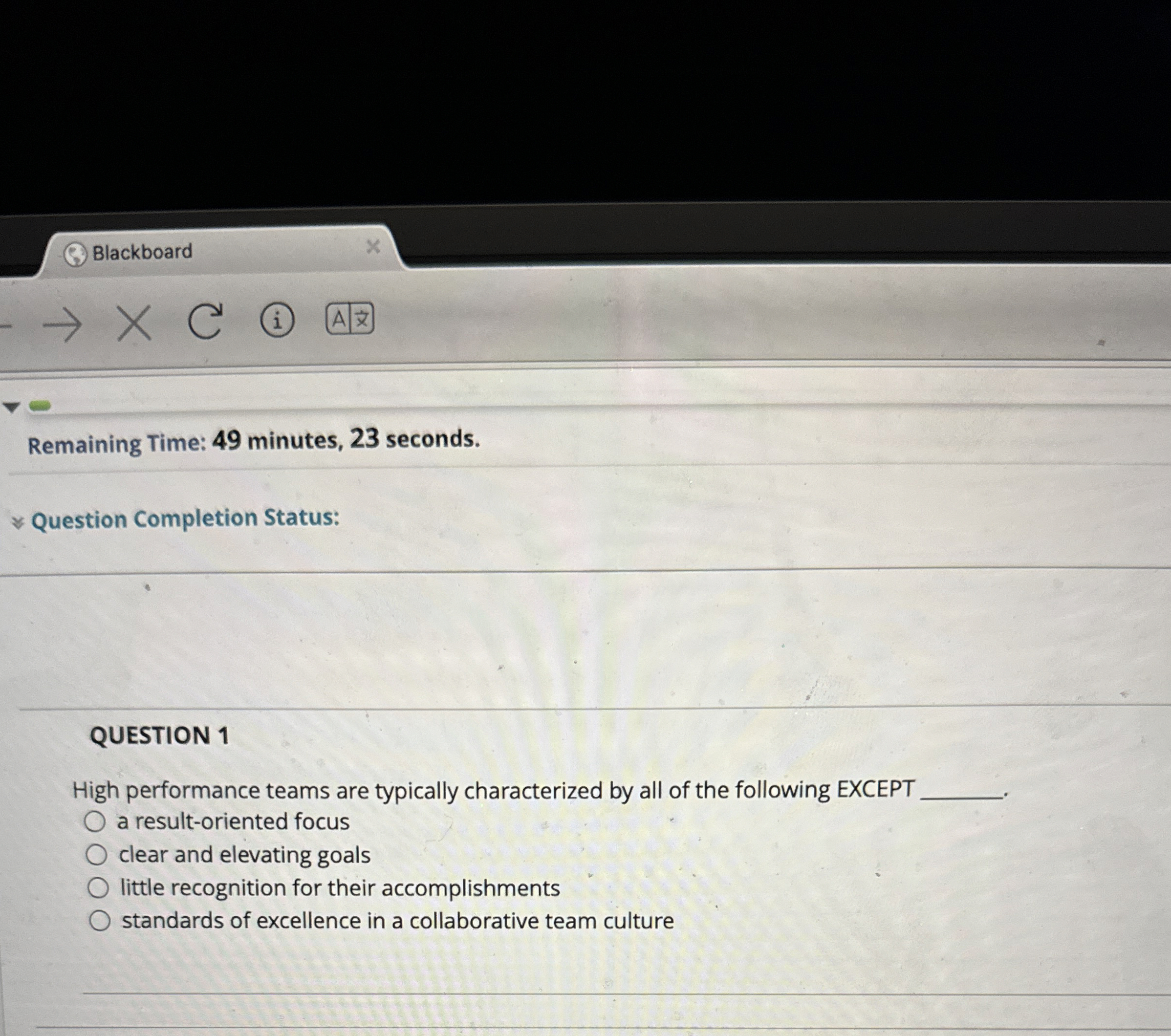  Blackboard Remaining Time: 49 minutes, 23 seconds. Question Completion Status: QUESTION