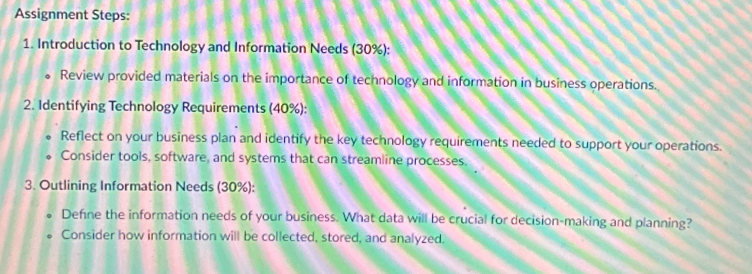  Assignment Steps: Introduction to Technology and Information Needs (30%): Review provided