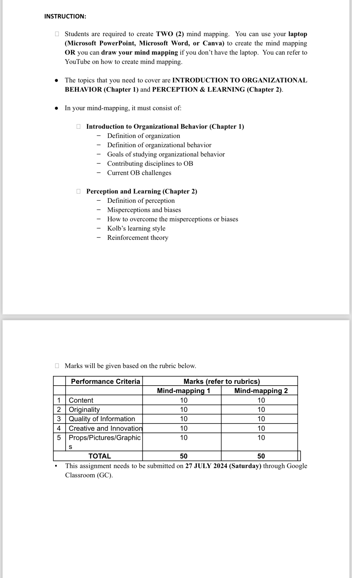  INSTRUCTION: Students are required to create TWO (2) mind mapping. You
