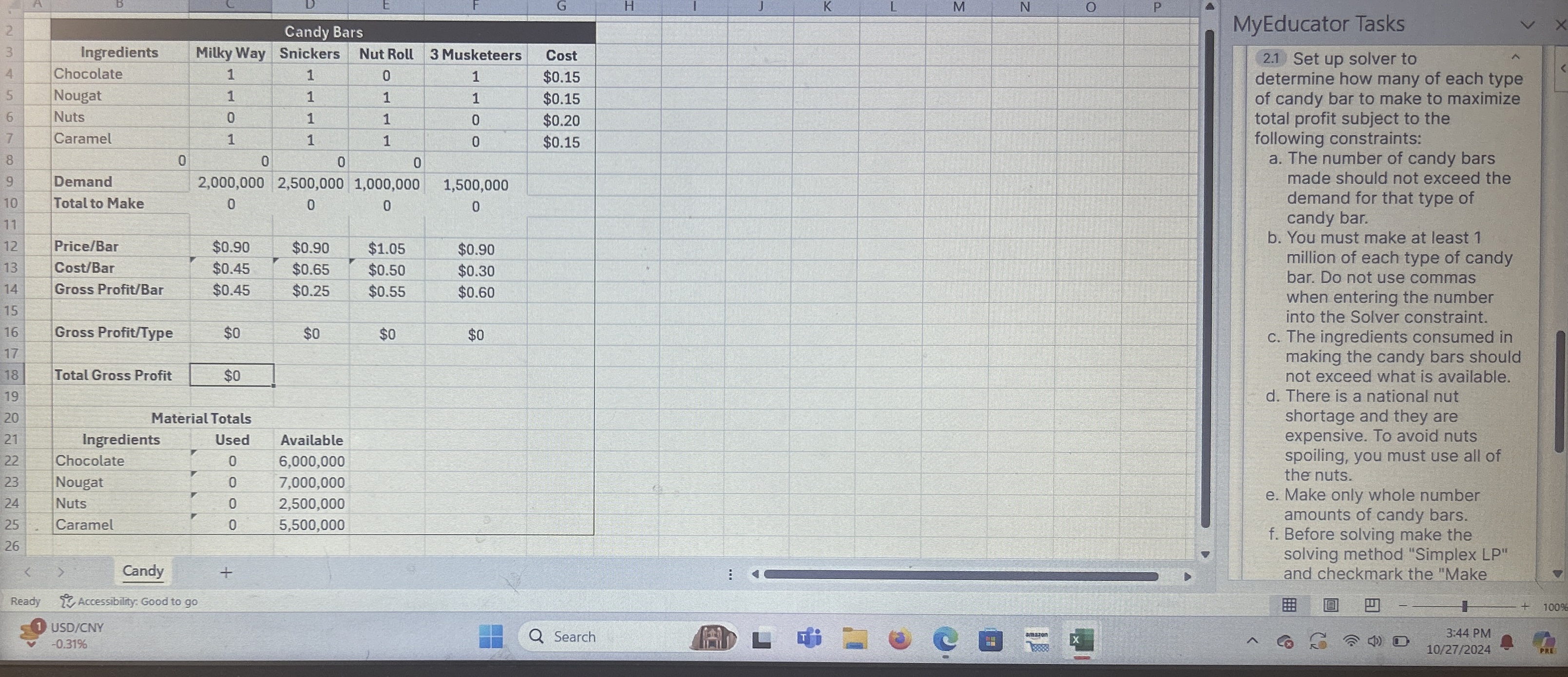  Solve using solver on Excel and show the formula used \table[[Candy