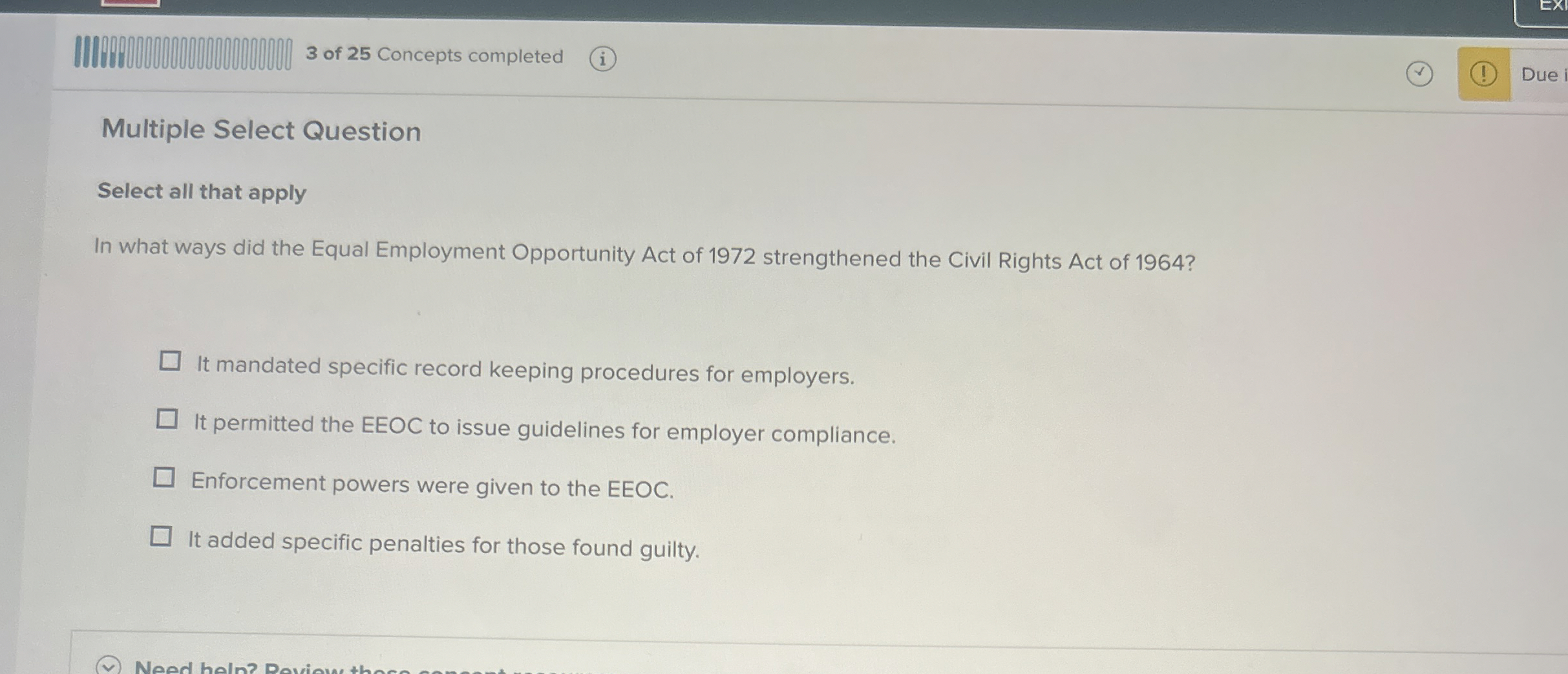  IIIR 3 of 25 Concepts completed Multiple Select Question Select all