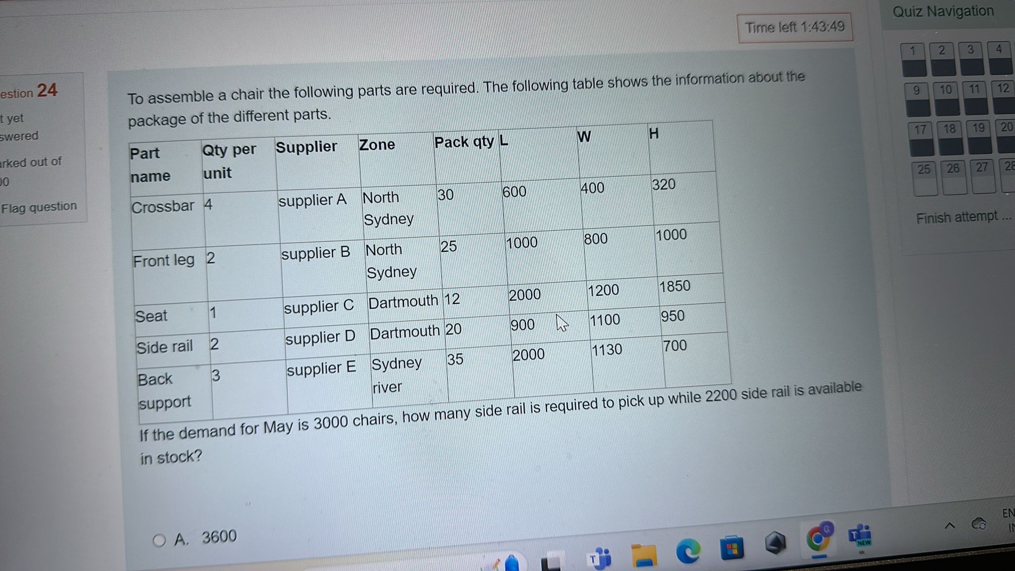  Time left 1:43:49 To assemble a chair the following parts are