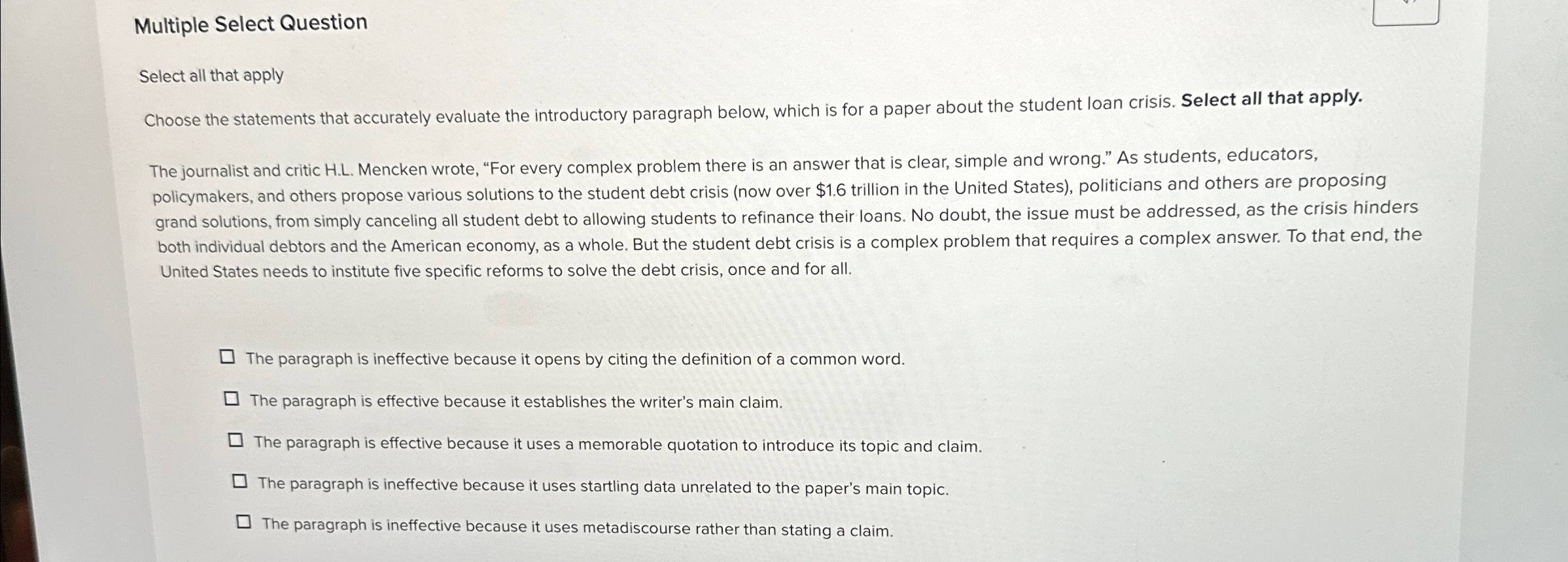  Multiple Select Question Select all that apply Choose the statements that
