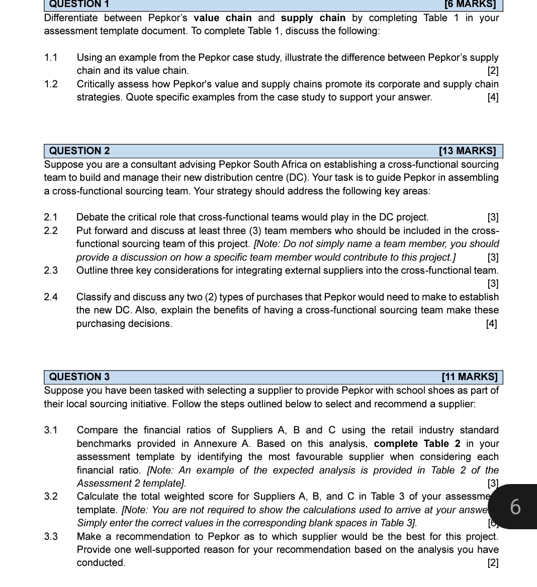  Differentiate between Pepkor's value chain and supply chain by completing Table