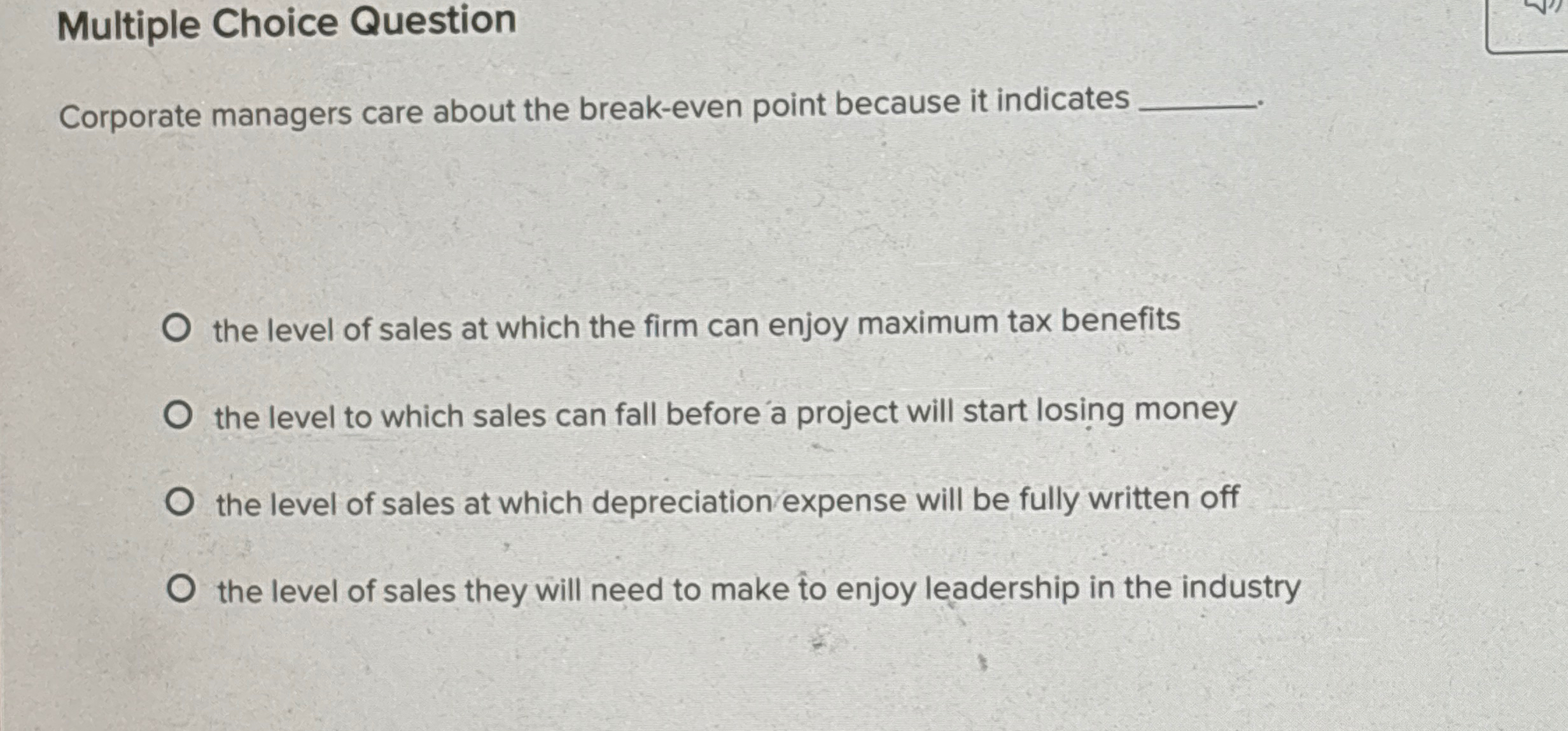  Multiple Choice Question Corporate managers care about the break-even point because