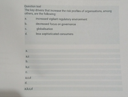  Question text The key drivers that increase the risk profiles of