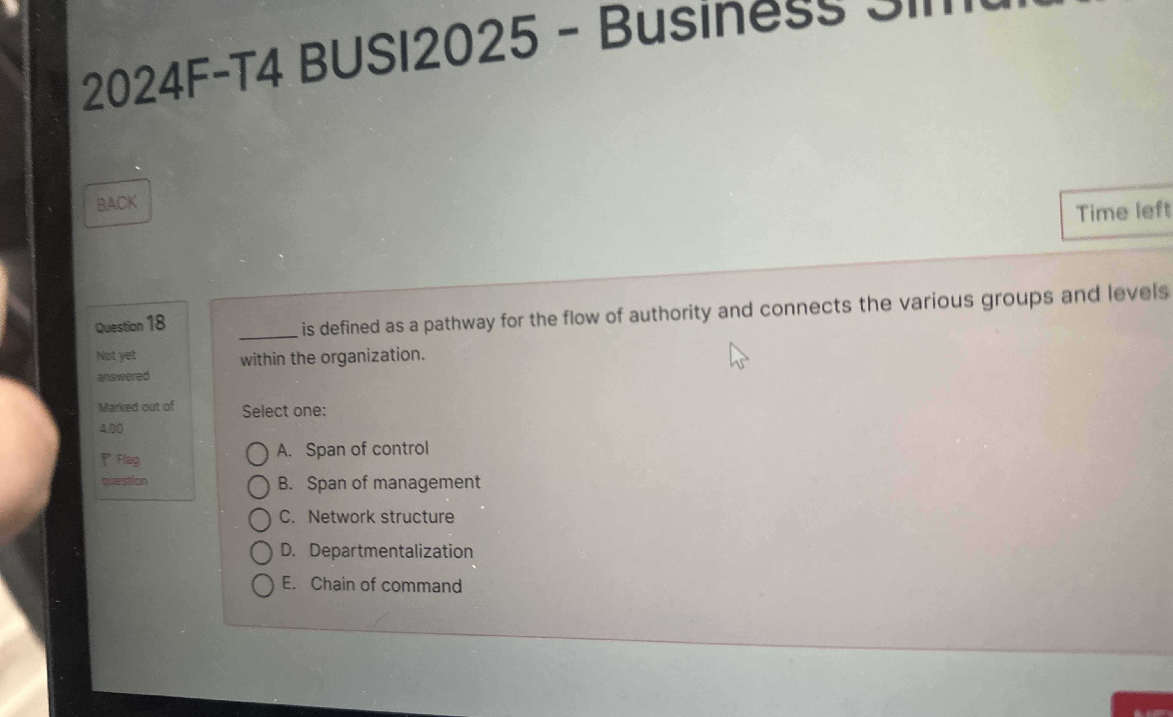  2024F-T4 BUSI2025- Business Time left BACK Question 18 Not yet answered