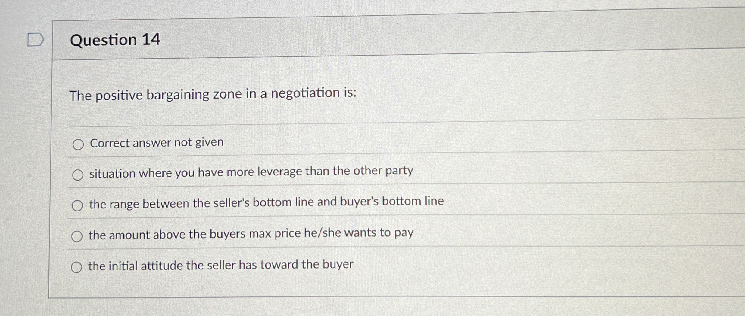  Question 14 The positive bargaining zone in a negotiation is: Correct
