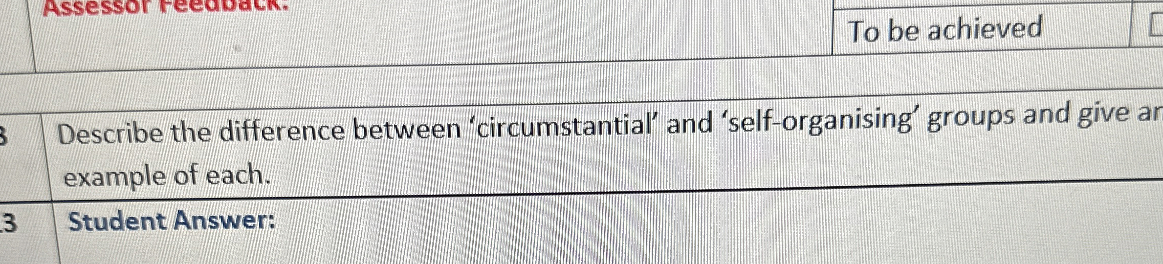  To be achieved Describe the difference between 'circumstantial' and 'self-organising' groups