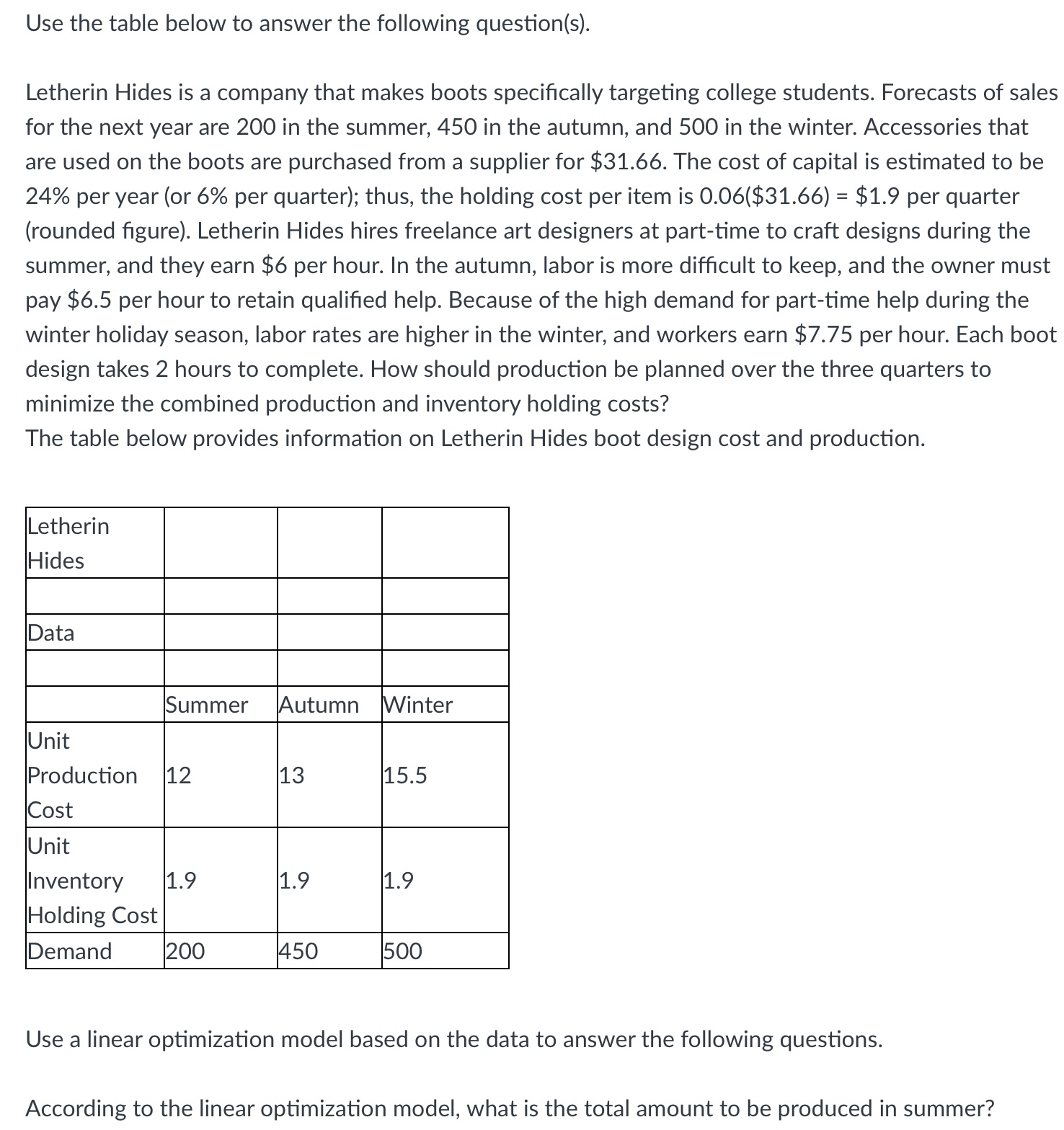  Use the table below to answer the following question(s). Letherin Hides