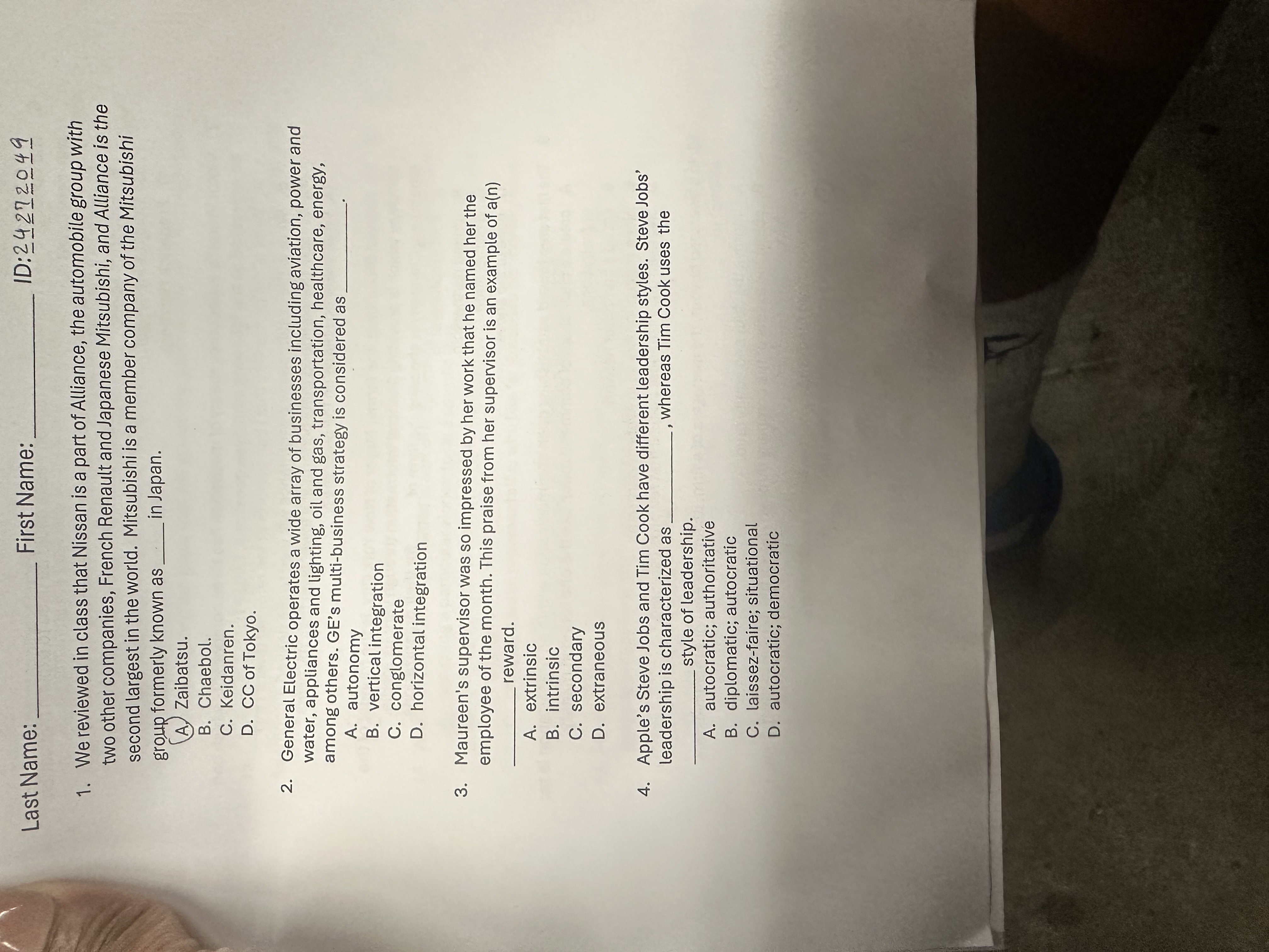  Last Name: First Name: ID:24272049 We reviewed in class that Nissan