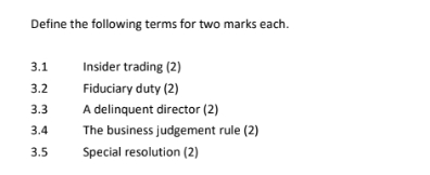  Define the following terms for two marks each. 3.1 Insider trading