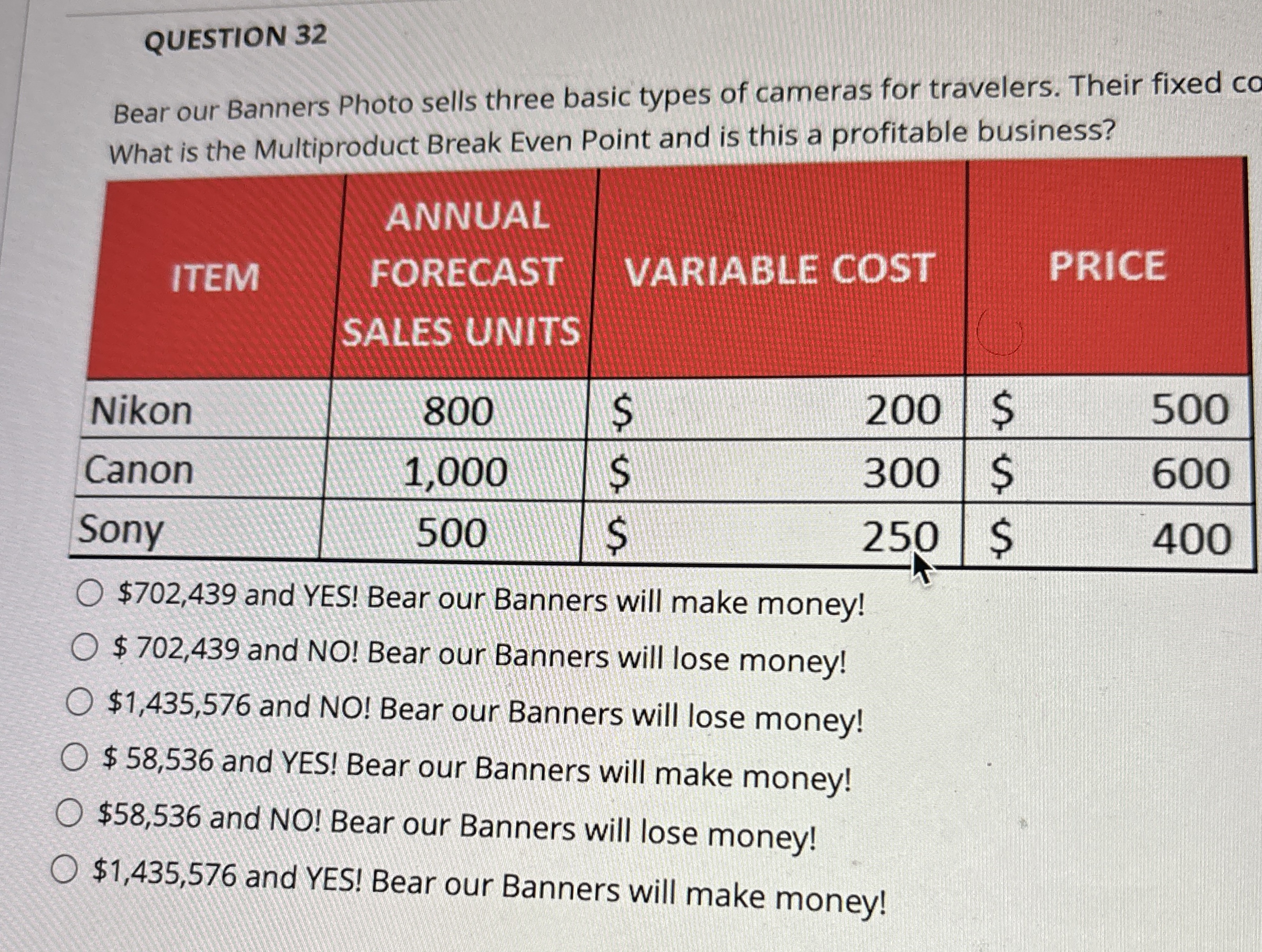  QUESTION 32 Bear our Banners Photo sells three basic types of