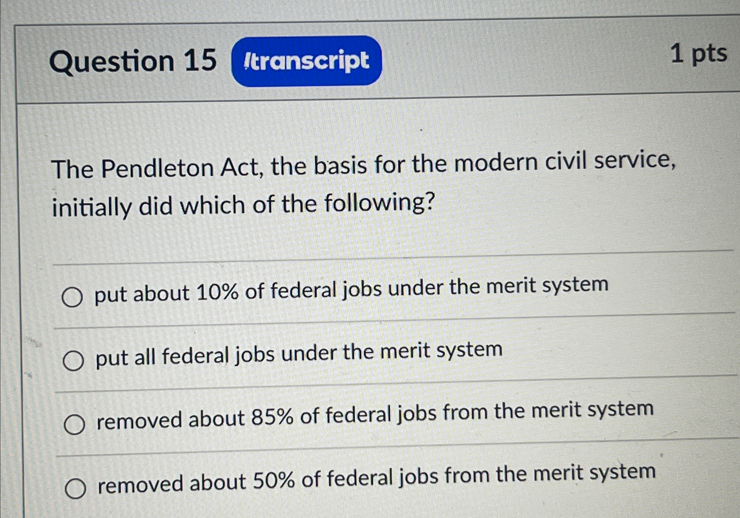  Question 15 1 pts The Pendleton Act, the basis for the