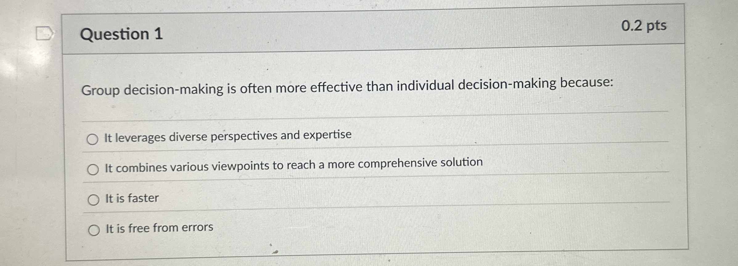  Question 1 0.2 pts Group decision-making is often more effective than