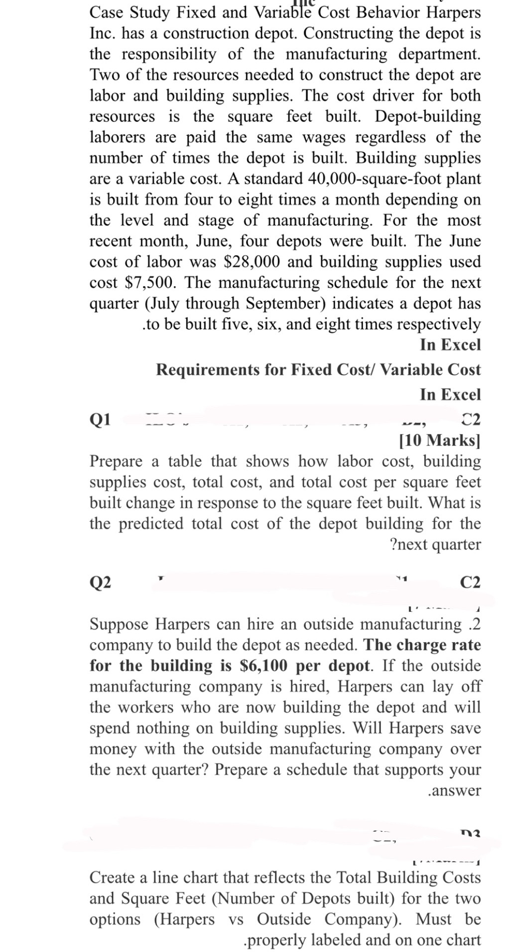  Case Study Fixed and Variable Cost Behavior Harpers Inc. has a