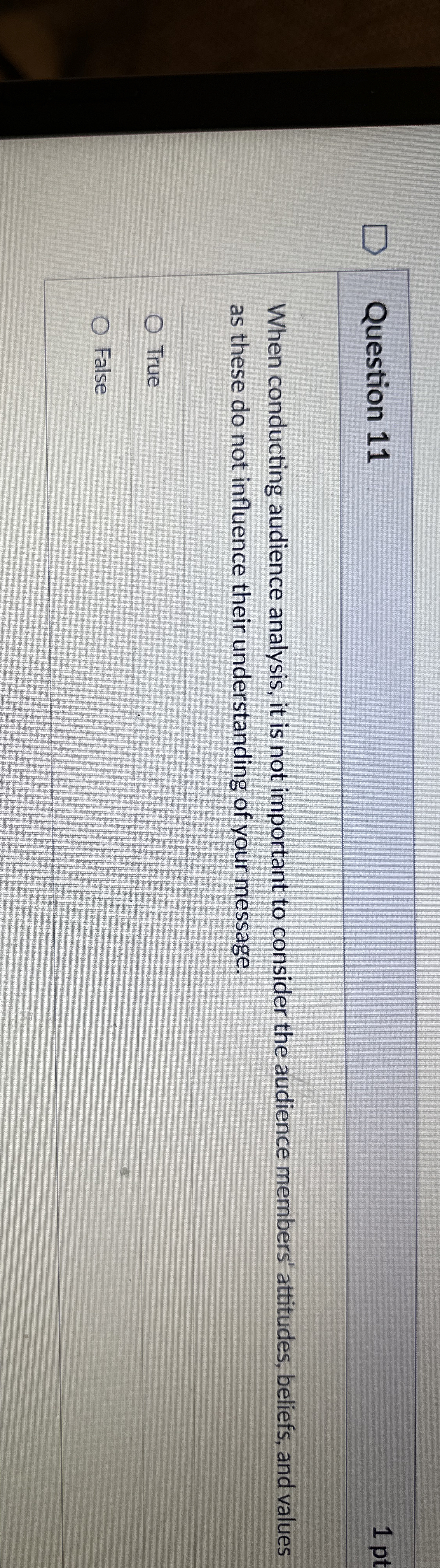  Question 11 When conducting audience analysis, it is not important to