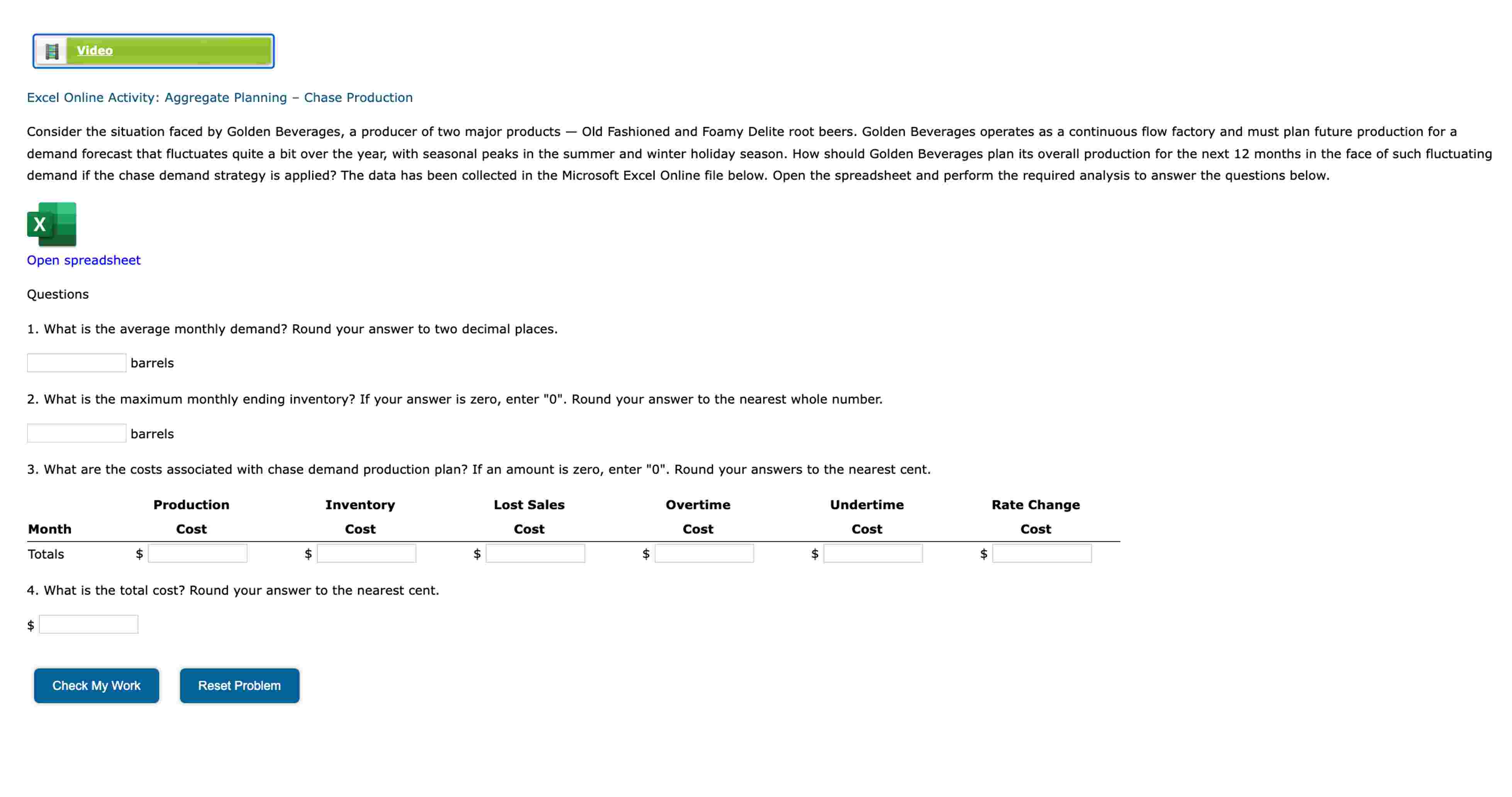  Excel Online Activity: Aggregate Planning - Chase Production Open spreadsheet Questions