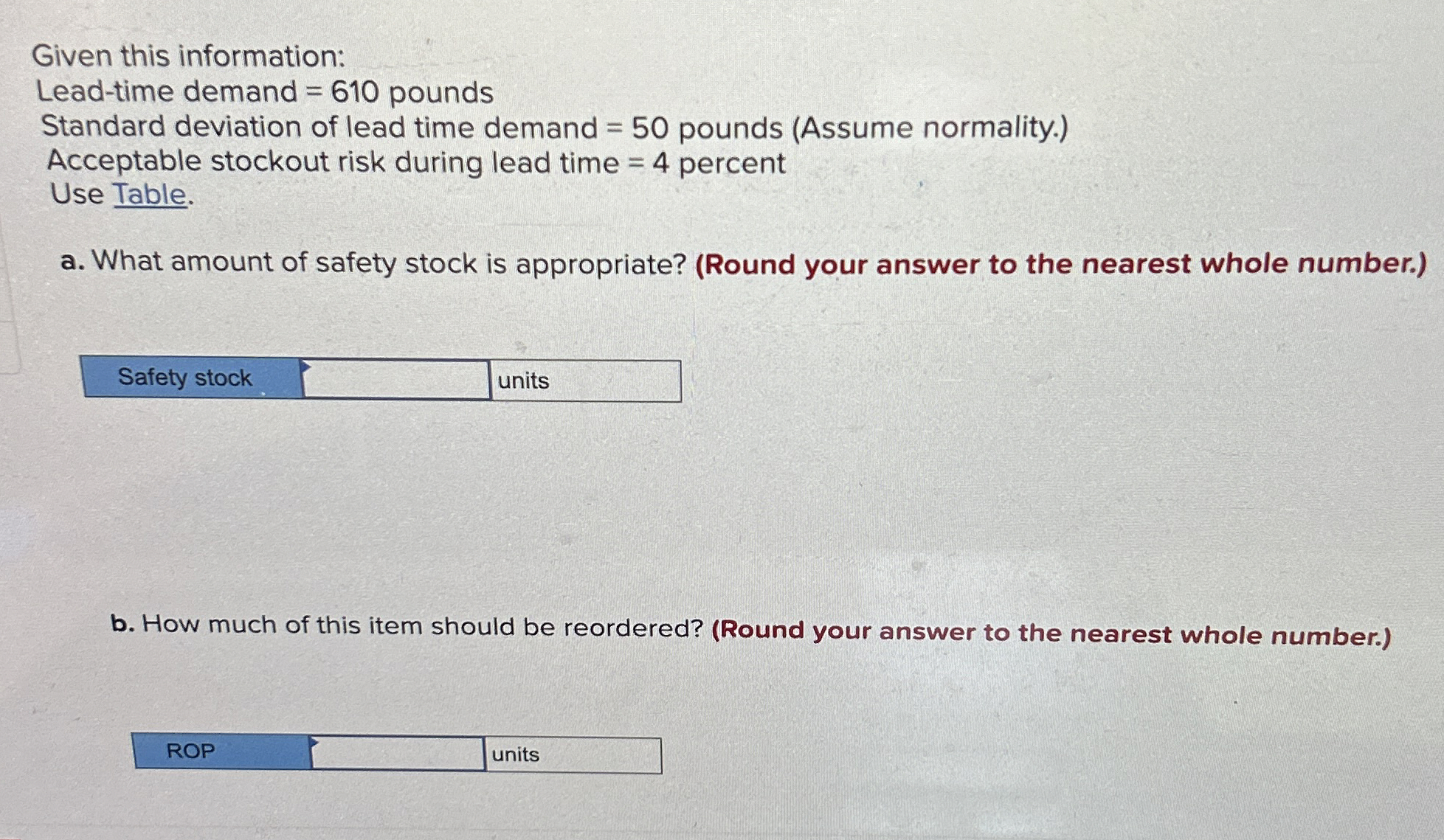  Given this information: Lead-time demand =610 pounds Standard deviation of lead