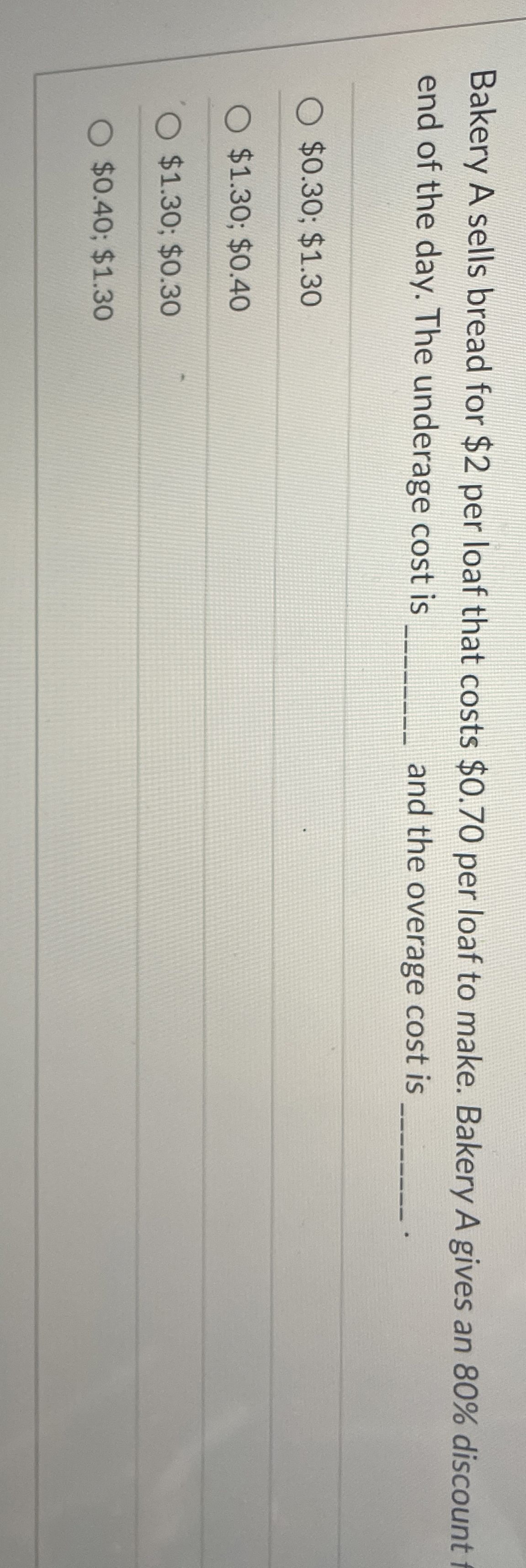  Bakery A sells bread for $2 per loaf that costs $0.70