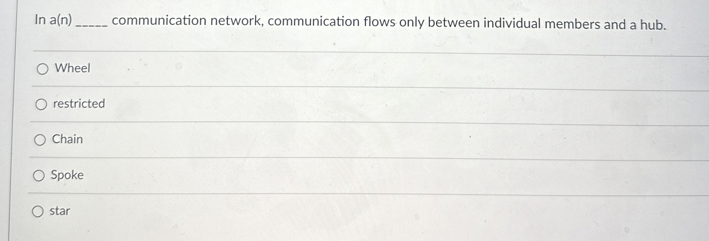 In a(n), communication network, communication flows only between individual members and