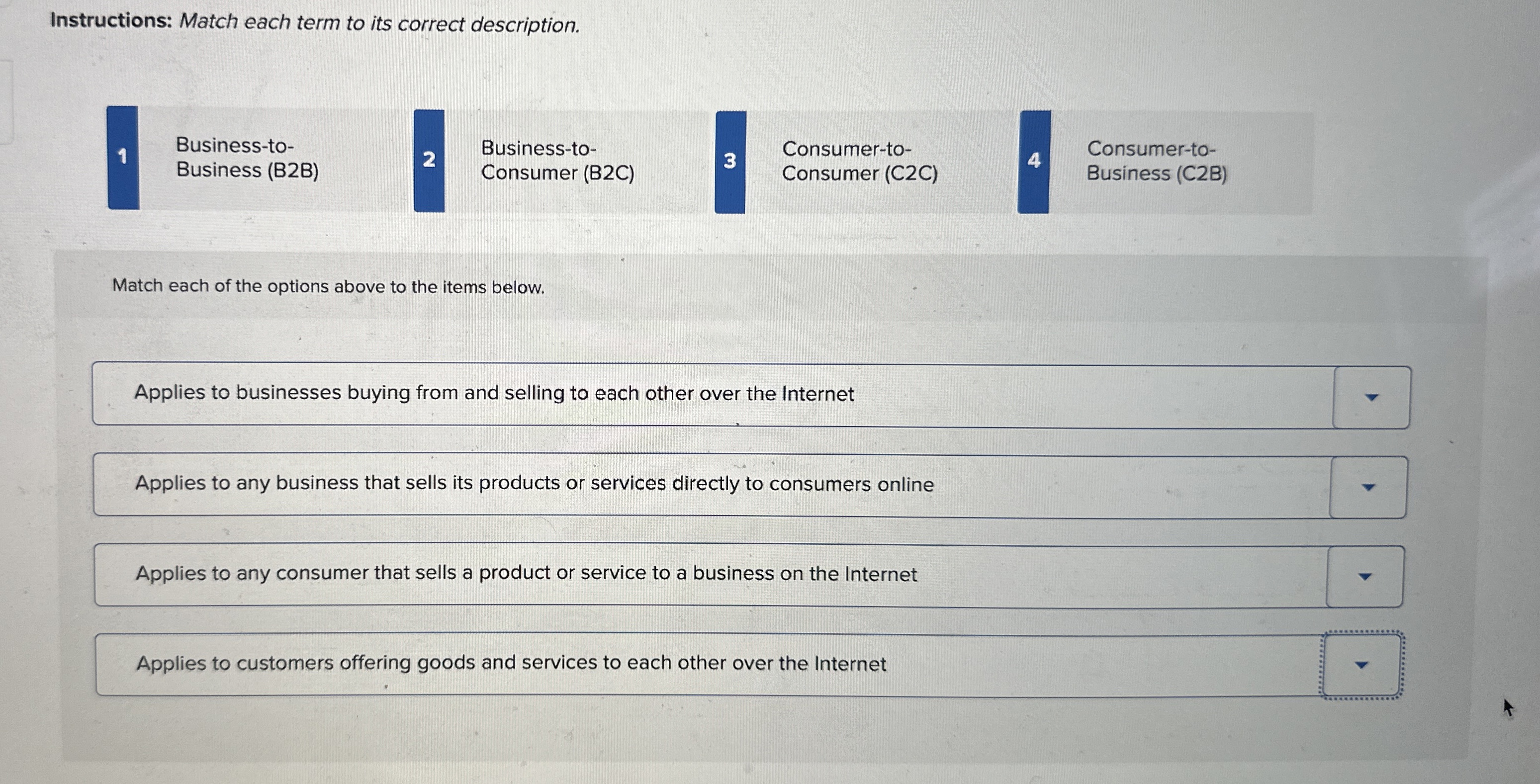  Instructions: Match each term to its correct description. 1 Business-to- Business-to-