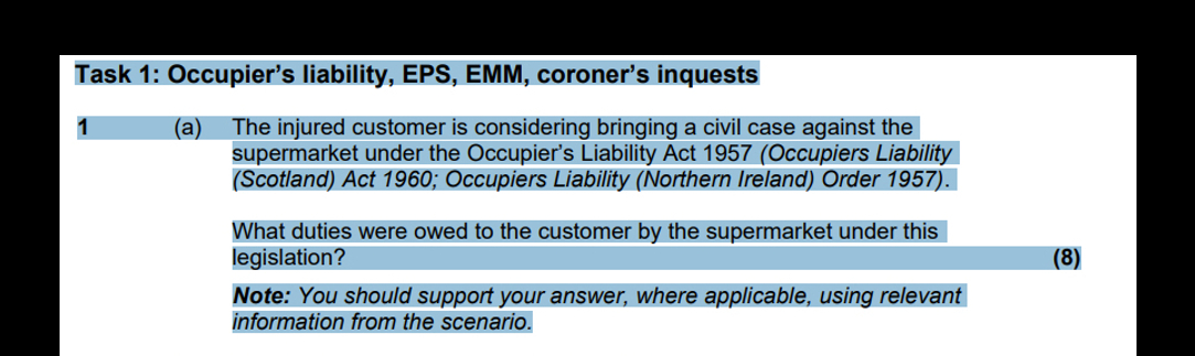  Task 1: Occupier's liability, EPS, EMM, coroner's inquests 1 (a) The