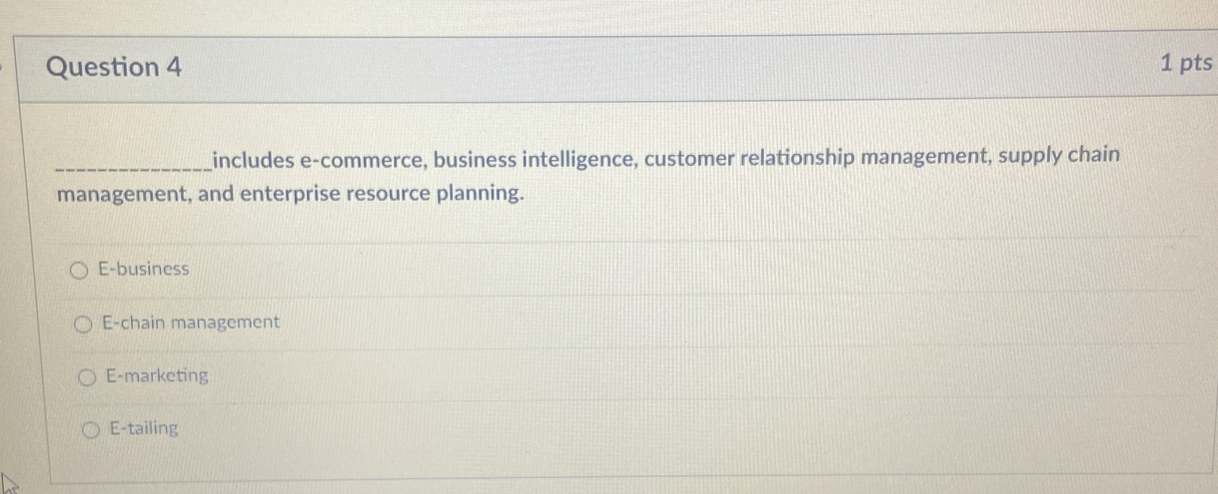  Question 4 1 pts includes e-commerce, business intelligence, customer relationship management,