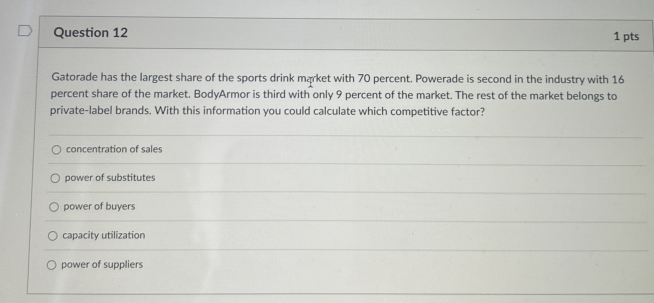  Question 12 1 pts Gatorade has the largest share of the