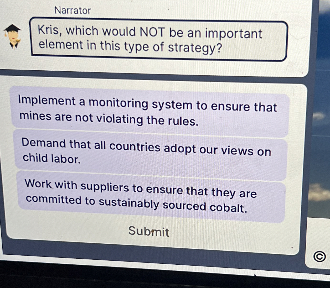  Narrator Kris, which would NOT be an important element in this