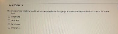  QUESTION 13 The overarching strategy level that asks what role the