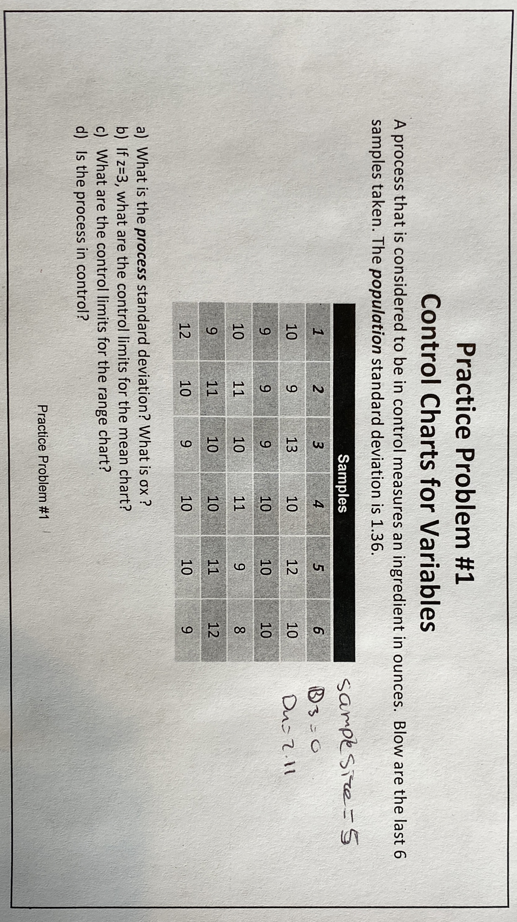  Practice Problem #1 Control Charts for Variables A process that is