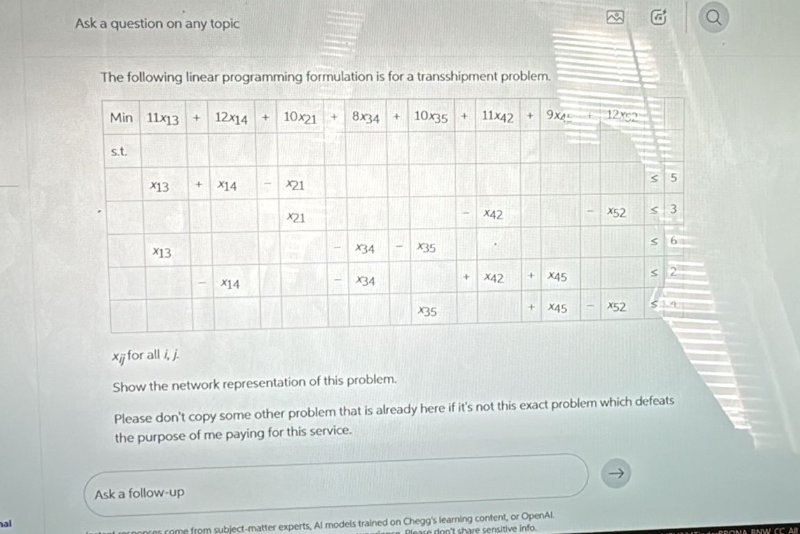  Ask a question on any topic The following linear programming formulation