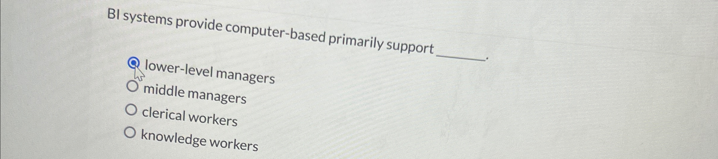  BI systems provide computer-based primarily support lower-level managers middle managers clerical