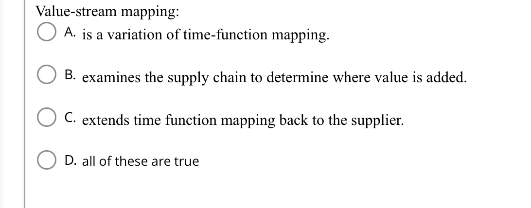  Value-stream mapping: A. is a variation of time-function mapping. B. examines